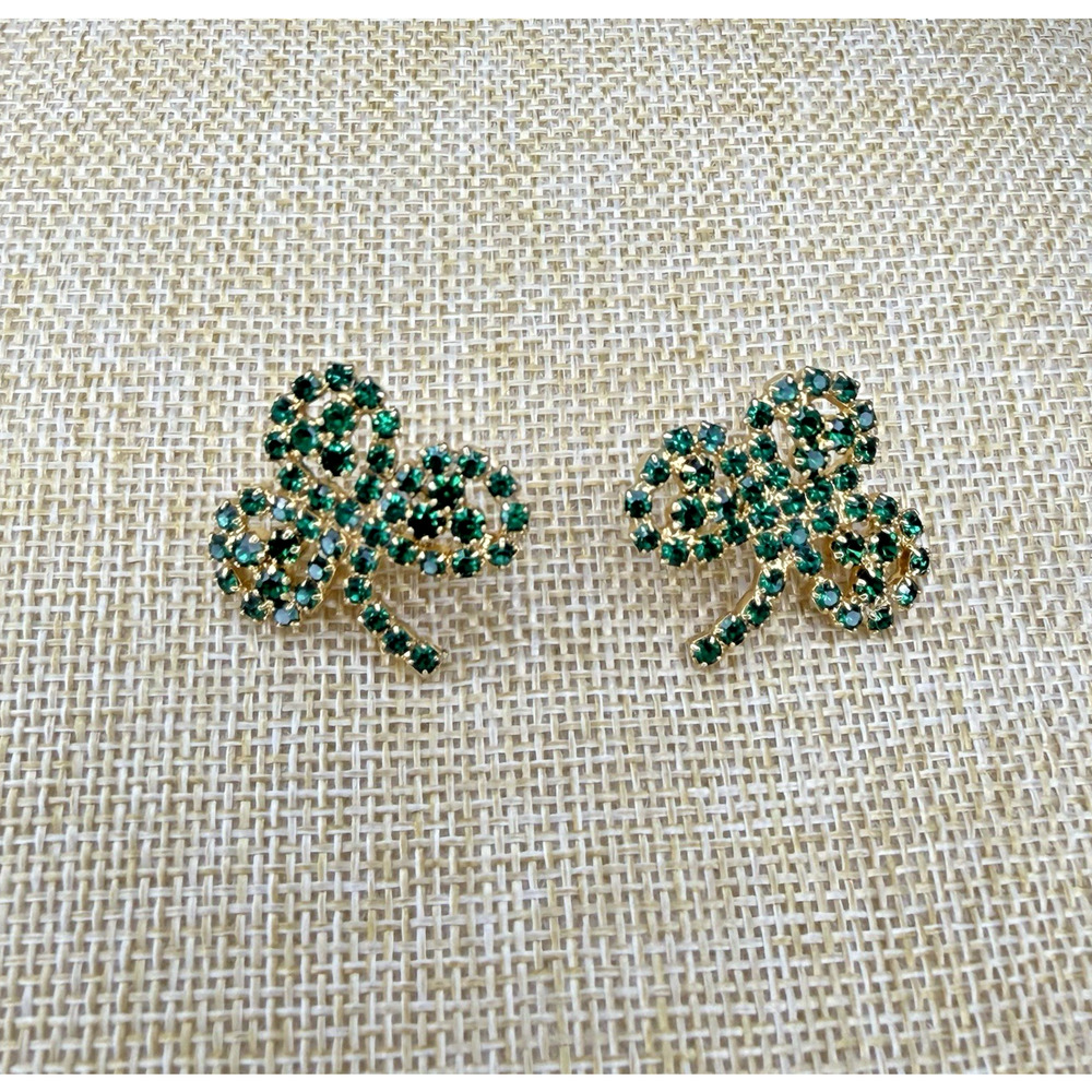 Vintage Shamrock Clover Green Prong Set Rhinestone Earrings St Patricks